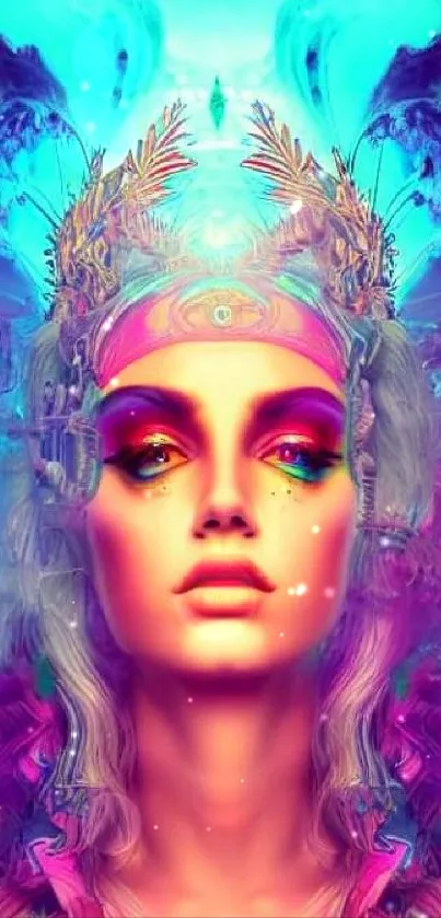 Vibrant goddess-themed art wallpaper with neon colors.