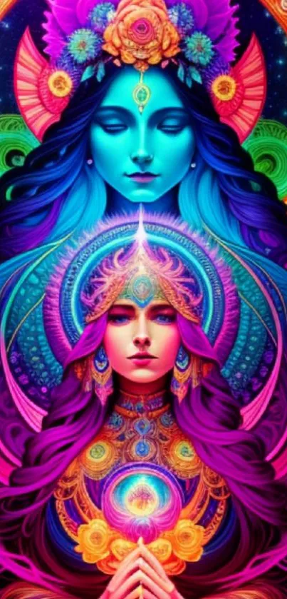 Colorful goddess artwork with blue hues on a mobile wallpaper.