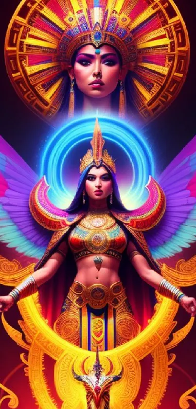 Vivid goddess wallpaper with colorful wings and intricate details.