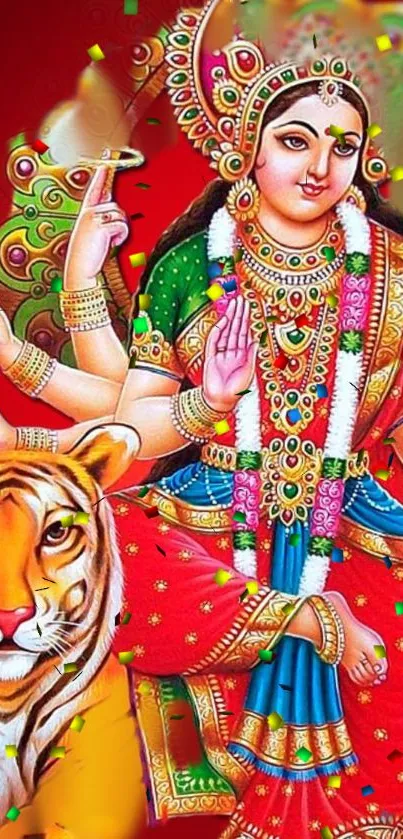 Colorful wallpaper of Goddess Durga with tiger on vibrant red background.