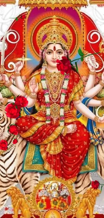 Colorful artwork of Goddess Durga with tiger, flowers, and divine symbols.