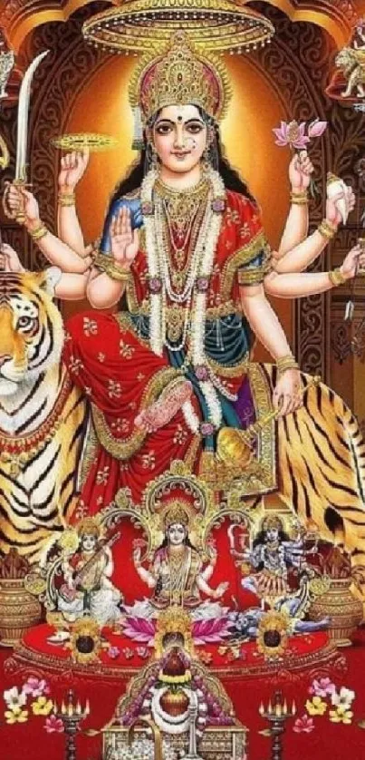 Colorful representation of Goddess Durga seated with a tiger.