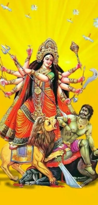 Colorful image of Goddess Durga on lion with a yellow radiant background.