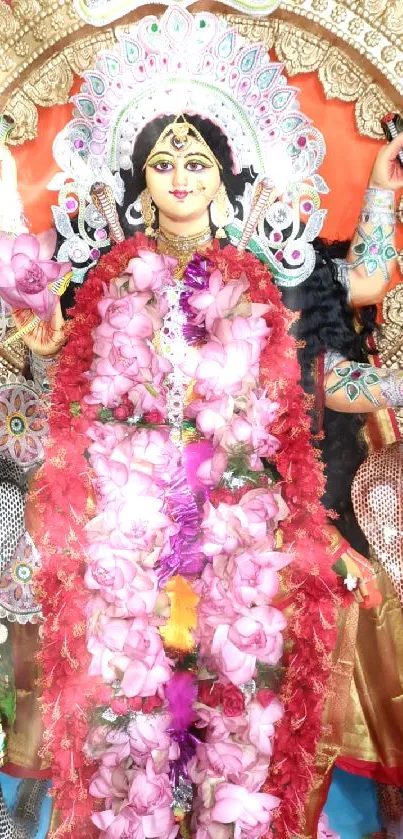 Colorful Goddess Durga adorned with vibrant flowers.