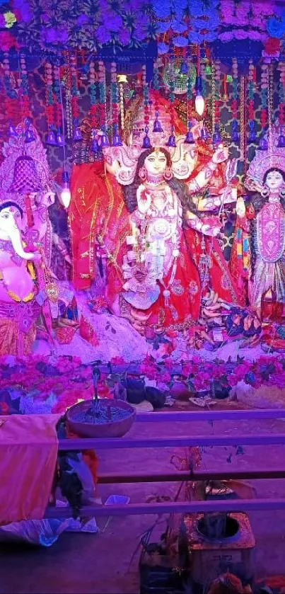 Colorful depiction of Goddess Durga with vibrant hues and traditional decor.