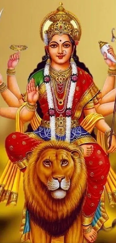 Goddess Durga with lion in vibrant colors, perfect for mobile wallpaper.