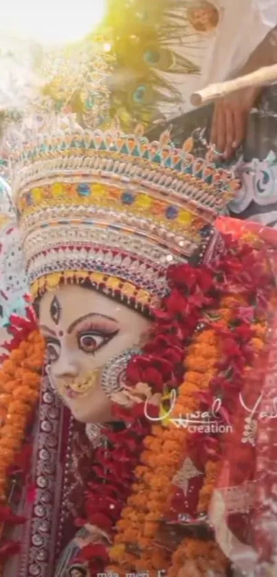 Vibrant image of Goddess Durga with colorful garlands and intricate details.