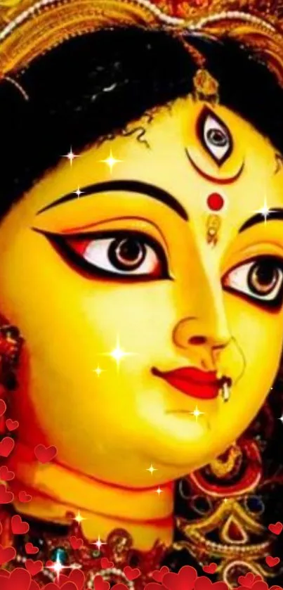 Vibrant depiction of Goddess Durga with a radiant yellow hue and red accents.