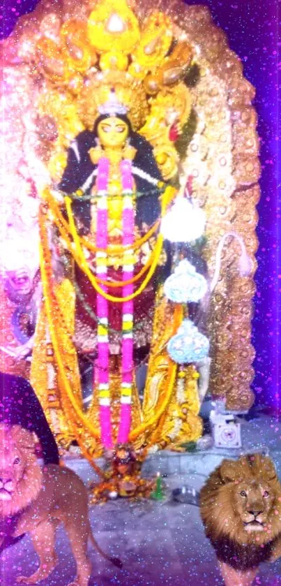 Mobile wallpaper of vibrant Goddess Durga with ornate and colorful background.