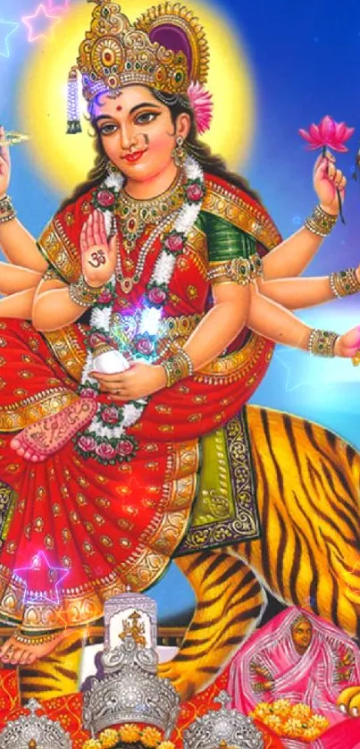 Colorful image of Goddess Durga on tiger with multiple arms holding symbols.