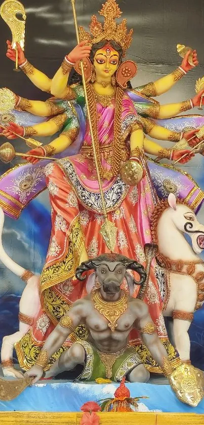 Intricate Durga statue with vibrant colors and cultural significance.