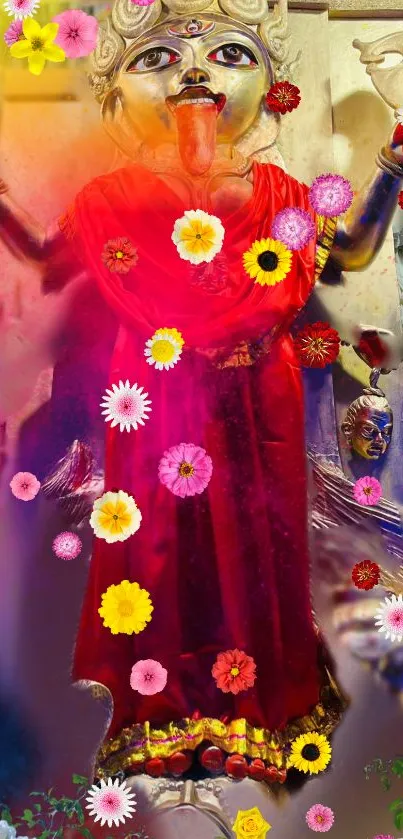 Vibrant goddess with colorful flowers, spiritual art.