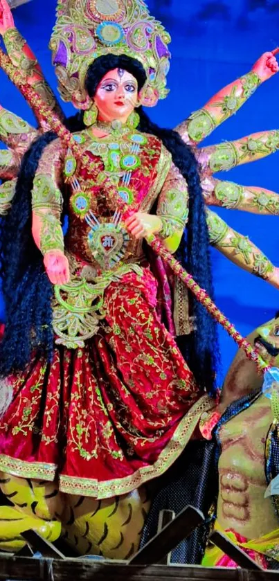 Vibrant depiction of a traditional goddess with intricate designs on her attire.