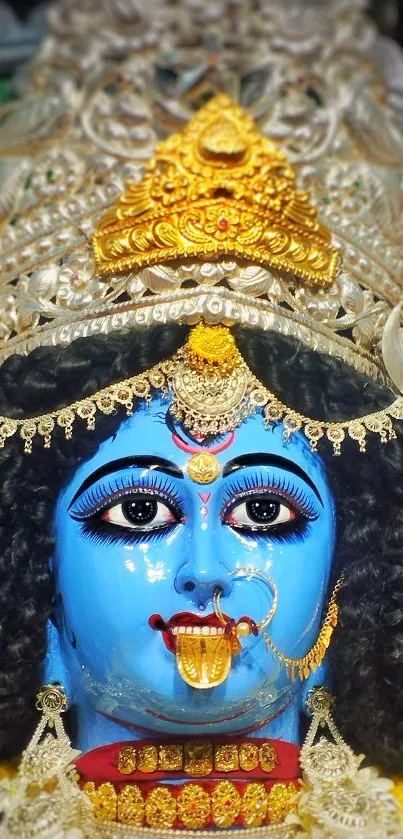 Mobile wallpaper of Goddess Kali with vibrant blue tones and intricate details.