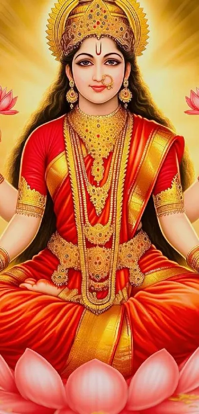 Goddess Lakshmi depicted in vibrant colors, seated on a lotus, exuding divine grace.