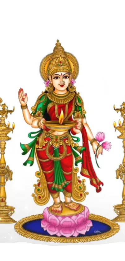 Goddess Lakshmi standing in vibrant traditional attire with gold details.