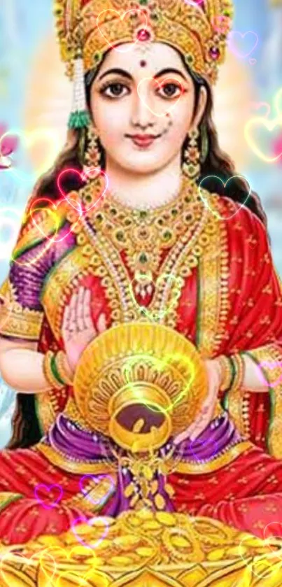 Vibrant mobile wallpaper featuring Goddess Lakshmi in red attire surrounded by hearts.