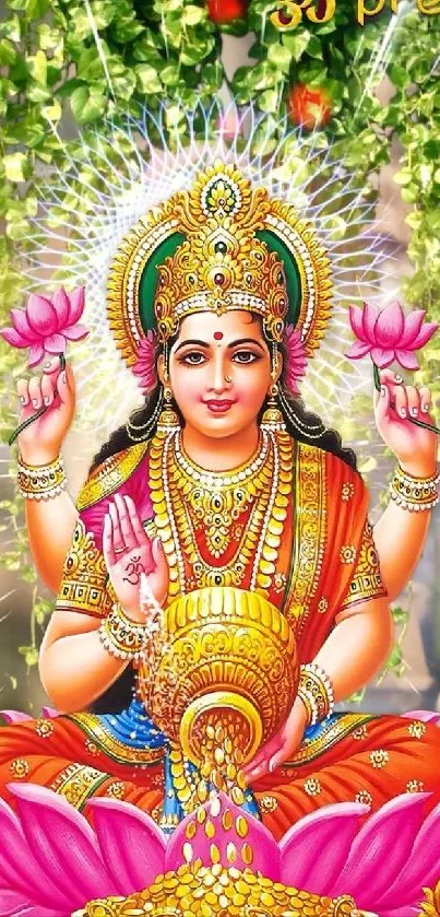 Colorful depiction of Goddess Lakshmi with lotus flowers