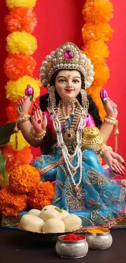 Colorful image of Goddess Lakshmi with festive decorations.