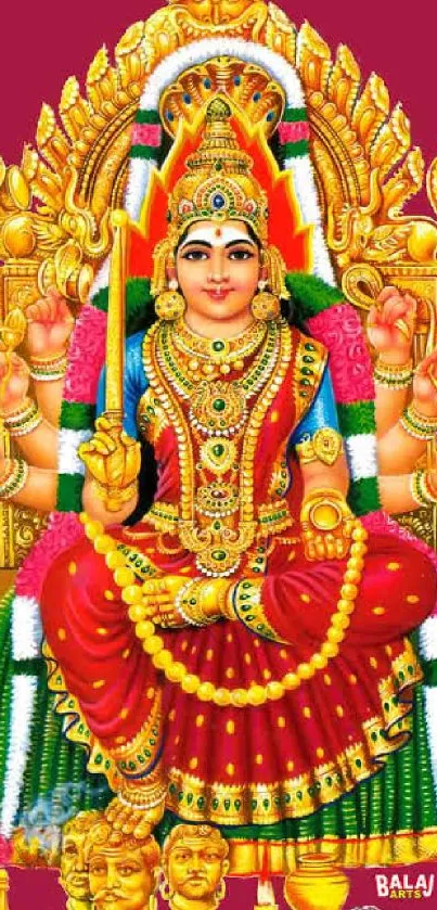 Colorful Hindu goddess sitting in a divine pose with detailed ornaments on a red background.