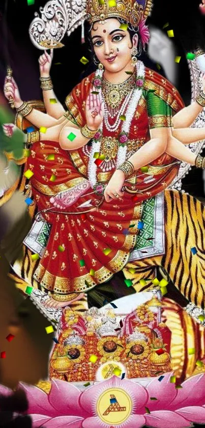 Colorful depiction of a multi-armed goddess in vibrant attire.