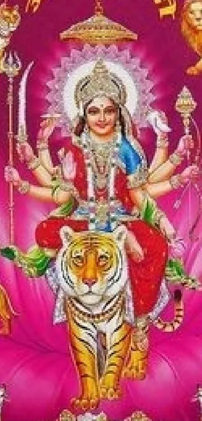 Vibrant image of Goddess Durga seated on a tiger with a radiant backdrop.