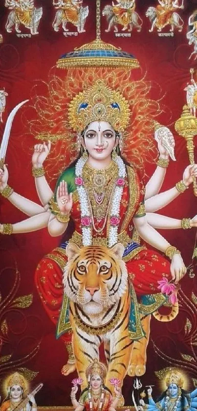 Mobile wallpaper of vibrant goddess with multiple arms seated on a tiger.