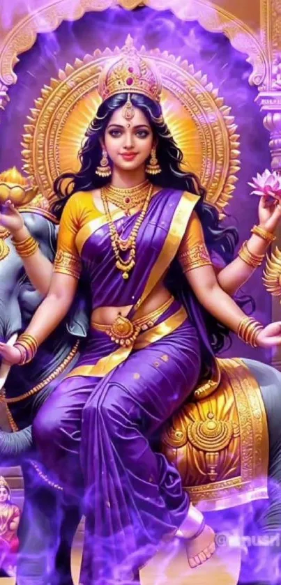 Vibrant goddess with purple attire on an elephant background.