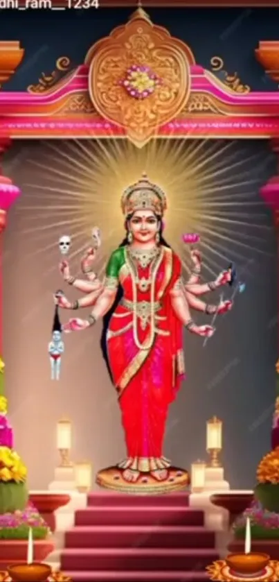 Hindu goddess with multiple arms in vibrant temple setting.