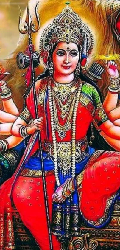 Vibrant goddess with multiple arms in colorful attire on a mobile wallpaper.