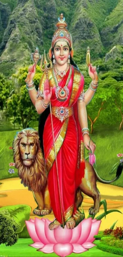 Vibrant goddess with lion in lush nature scene.