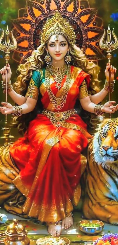 Vibrant goddess with tiger, red attire wall art.