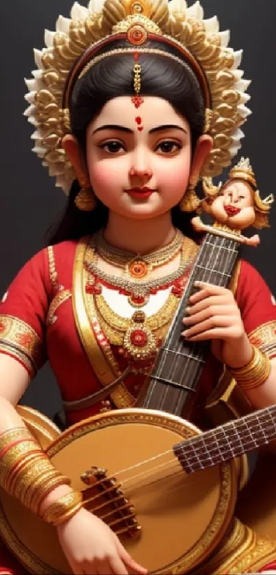 Goddess Saraswati with veena, vibrant traditional illustration.