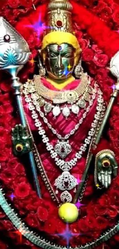 Goddess adorned with jewelry and surrounded by red roses.