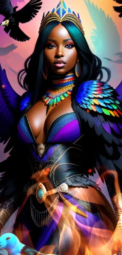 Colorful goddess with vibrant wings and birds in dynamic wallpaper scene.