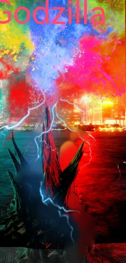 Vibrant cityscape Godzilla wallpaper with dynamic colors and storm lighting.