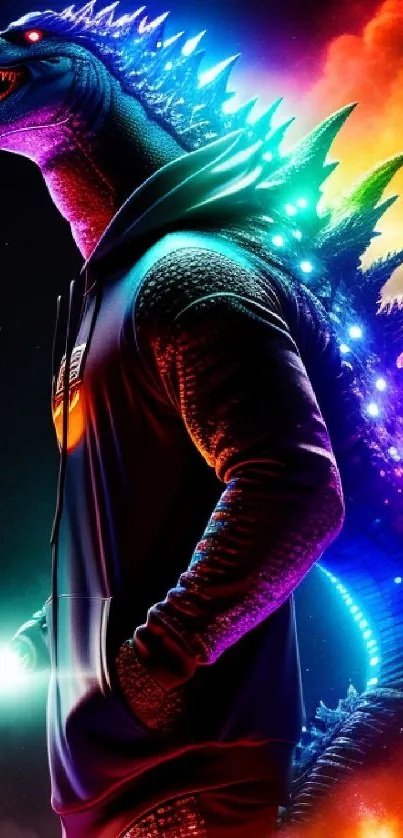 Vibrant Godzilla in a hoodie with colorful lights.