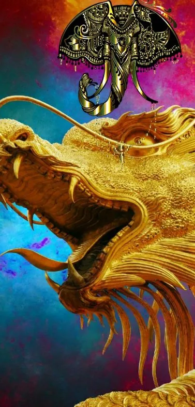 Gold dragon with vibrant colors in wallpaper design.