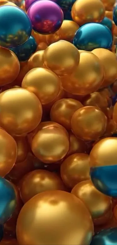 Colorful wallpaper with golden and blue spheres.