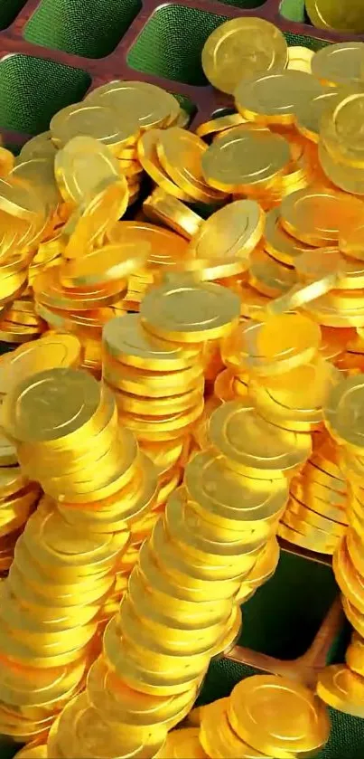 A vibrant stack of golden coins featured on a mobile wallpaper.