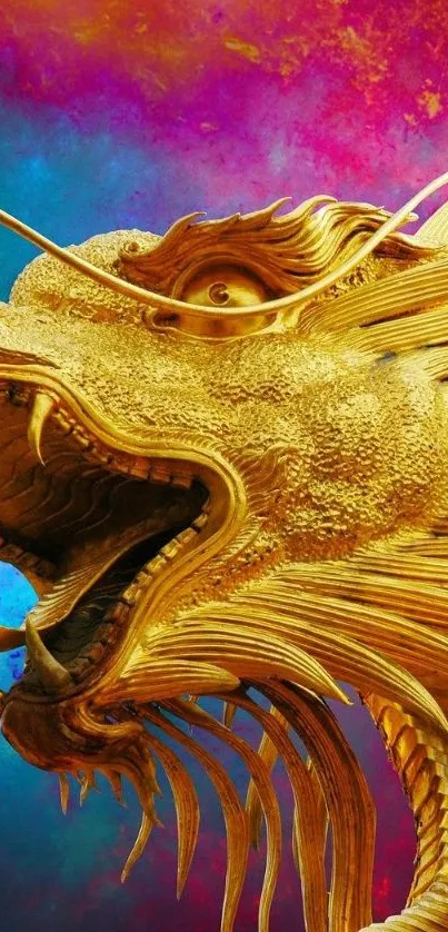 Golden dragon head with vibrant background on wallpaper.