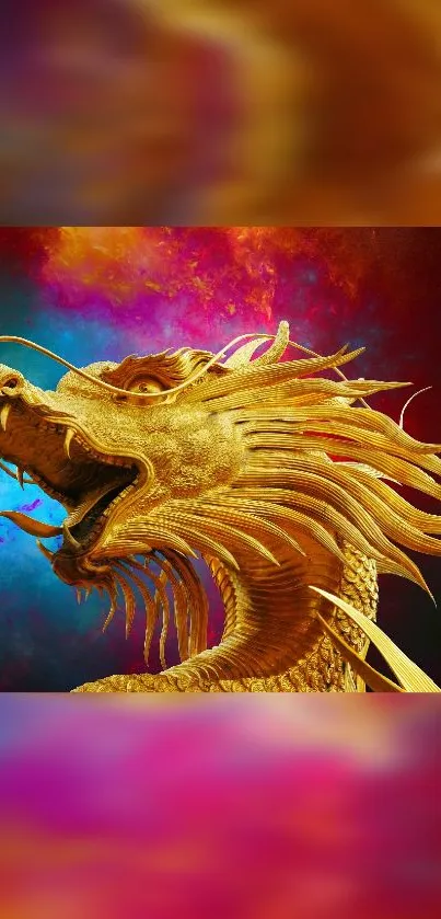 Golden dragon with vibrant cosmic background wallpaper.