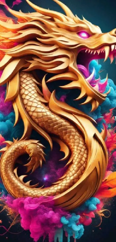 Vibrant golden dragon with colorful smoke on dark background.