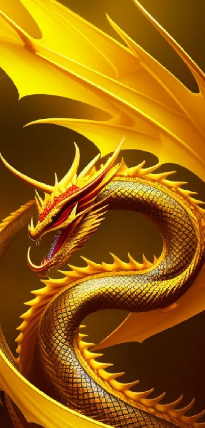 Vibrant golden dragon with dynamic wings and dazzling scales on a dark background.