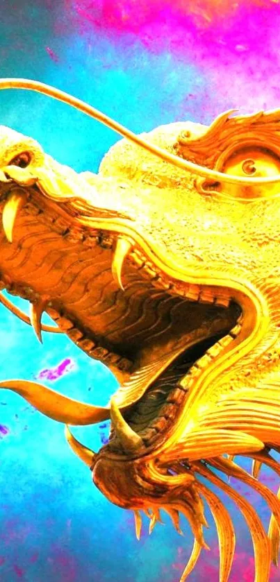 Golden dragon with vibrant colorful background wallpaper.