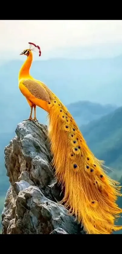 Golden phoenix perched on a mountain peak with vibrant feathers in a serene landscape.