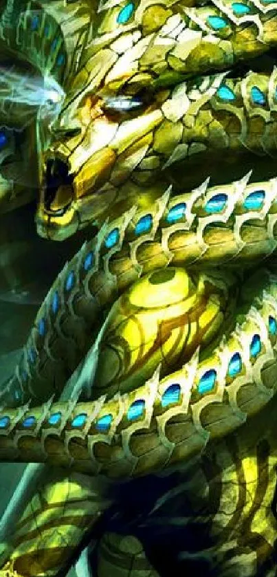 Intricate golden serpent design with vibrant colors and detailed scales.