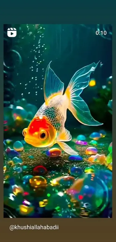 Colorful goldfish swimming with vibrant pebbles.