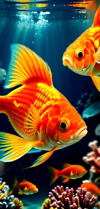 Vibrant goldfish swimming in a colorful aquarium with coral reefs.
