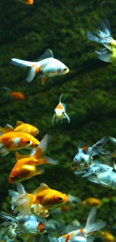 Vibrant wallpaper featuring colorful goldfish swimming in a lush green aquarium.
